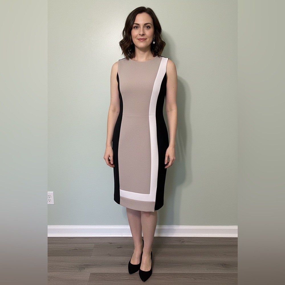 White House Black Market Beige, Black & White Colorblock Midi Sheath Dress Size2